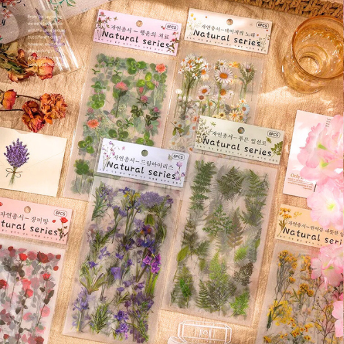 6 sheets of clear floral stickers featuring ferns, daisies, lavender and clovers – perfect for journaling and crafts”