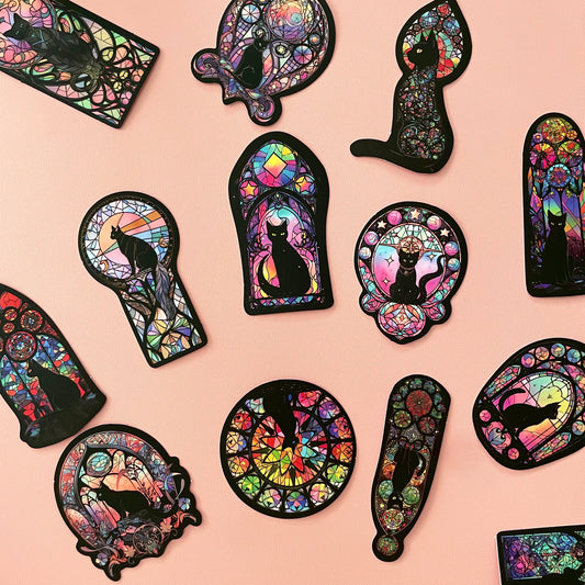 Stained Glass Black Cat Stickers | Bundle of 15pcs