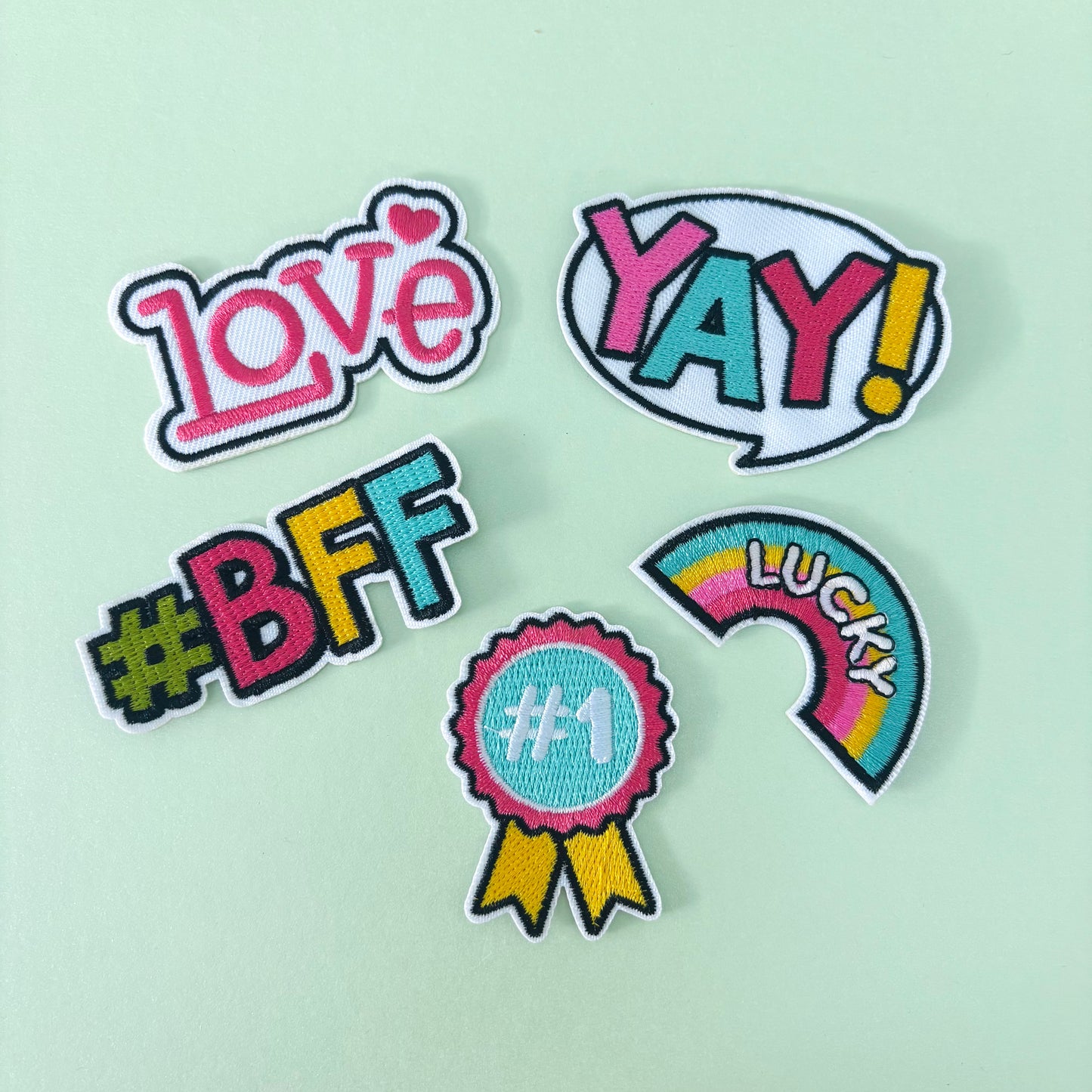 Patches with love and BFF written on them