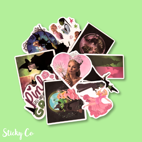 Collection of wicked stickers on a green background with 'Sticky Co' branding.