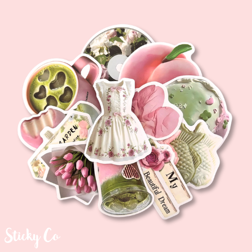 Cottage garden aesthetic sticker pack featuring florals, vintage dresses, bows, tulips and romantic cottagecore designs