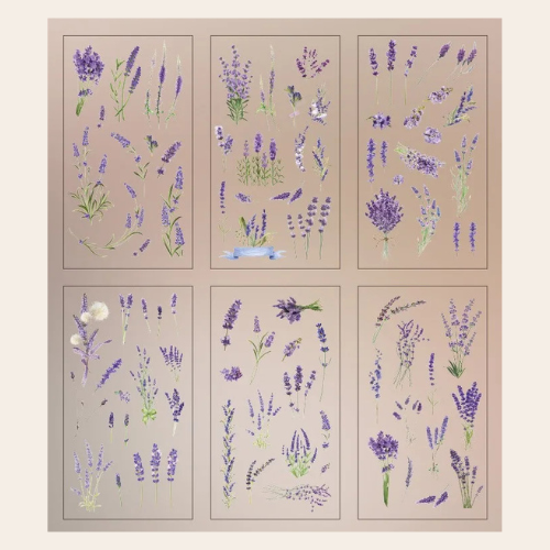 Pattern of lavender sticker flowers on a beige background