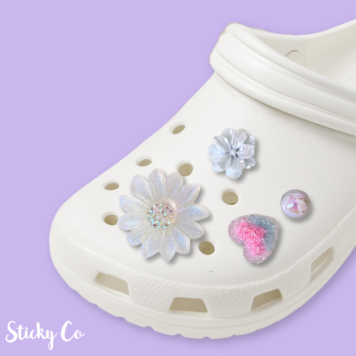Iridescent Flowers & Hearts croc charms