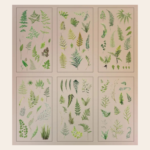 Set of six cards with green leaf patterns stickers on a beige background