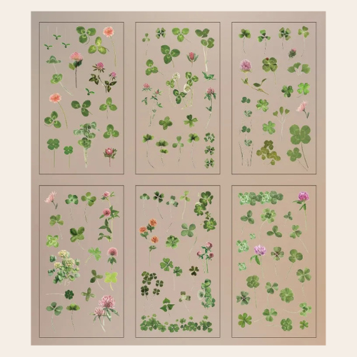 Set of six panels with floral pattern stickers on a beige background