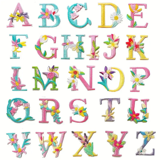 Floral alphabet iron-on embroidered letter patches A to Z
