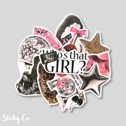 Sticker set with various designs and 'Who's that Girl?' text on a gray background