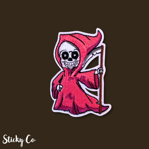 pink grim reaper iron on patch for clothing