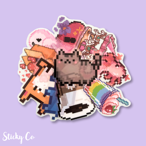 Sticker with pixel art design of a cat and various items on a purple background, featuring the brand 'Sticky Co'.